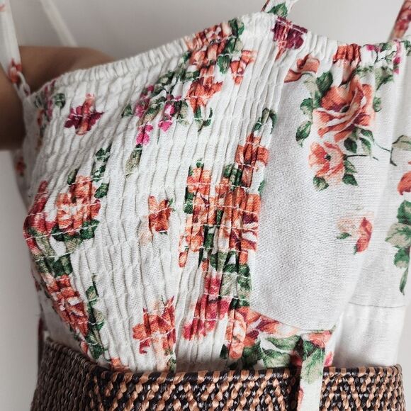 Mind Code Cotton Mini Dress Floral Cream Belted Wooden Button Size M - Picture 13 of 16